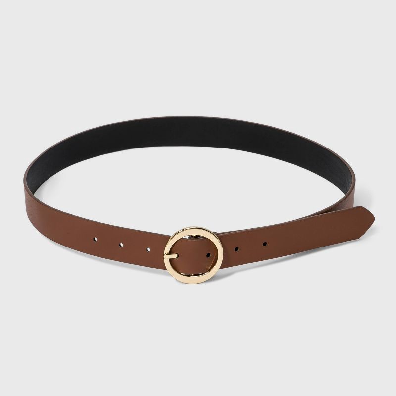 slide 1 of 3, Women's Oval Tapered Center Bar Reversible Belt - A New Day™ Cognac/Black L: Solid Buckle, 1 ct