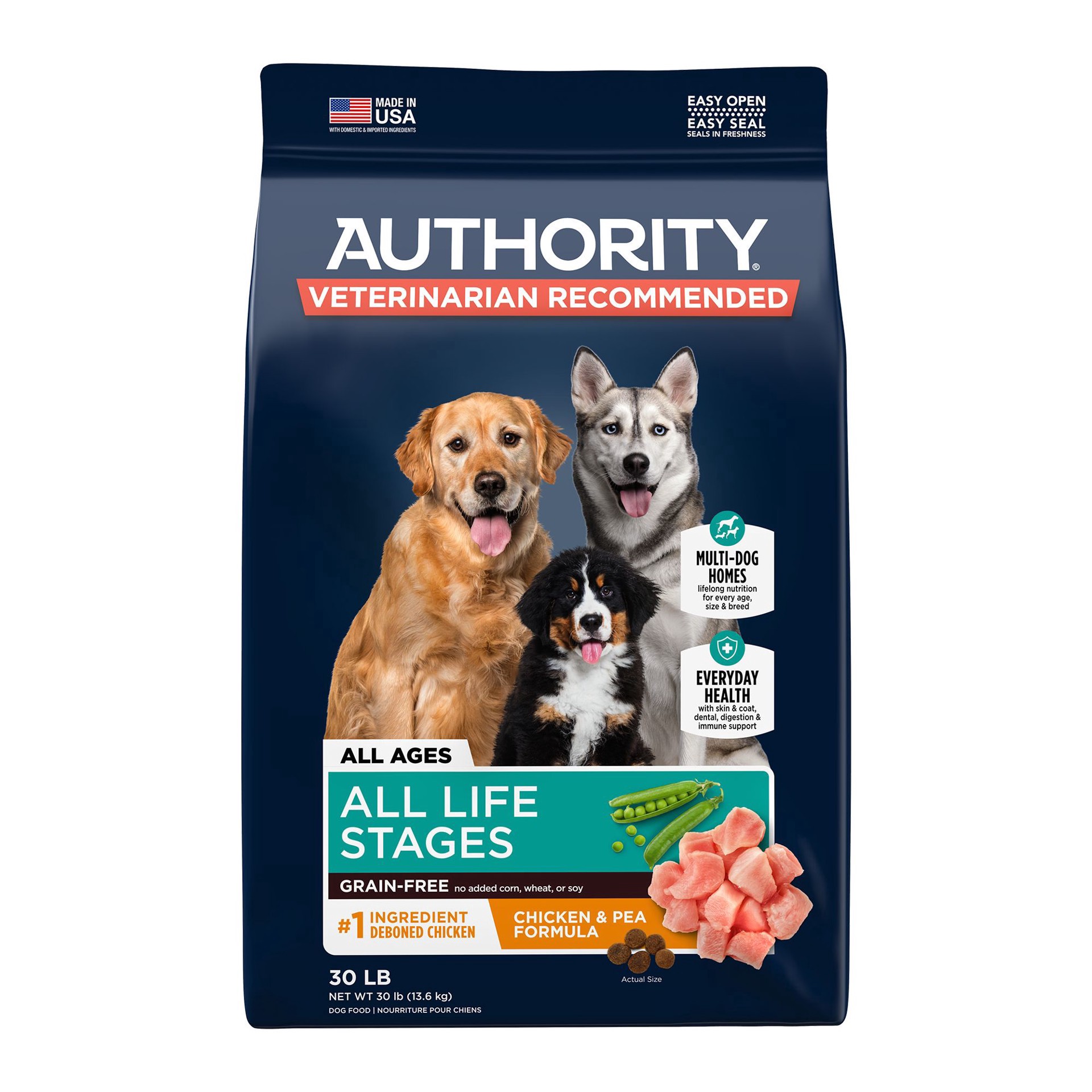 slide 1 of 1, Authority Everyday Health All Life Stage Dry Dog Food - Grain Free, Chicken & Pea, 30 lb