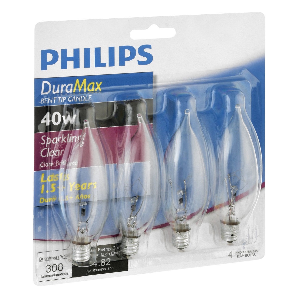 slide 9 of 9, Philips DuraMax 40 Watts Bent Tip Candle Sparkling Clear Light Bulbs 4 ea, 4 ct