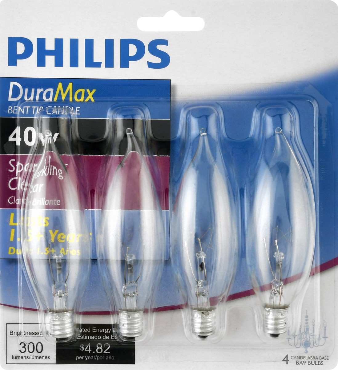 slide 1 of 9, Philips DuraMax 40 Watts Bent Tip Candle Sparkling Clear Light Bulbs 4 ea, 4 ct