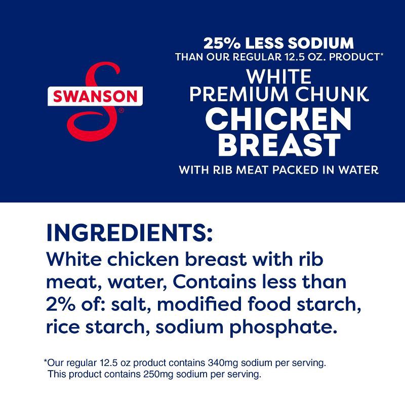 slide 9 of 13, Swanson 25% Less Sodium White Premium Chunk Canned Chicken Breast in Water -12.5oz, 12.5 oz