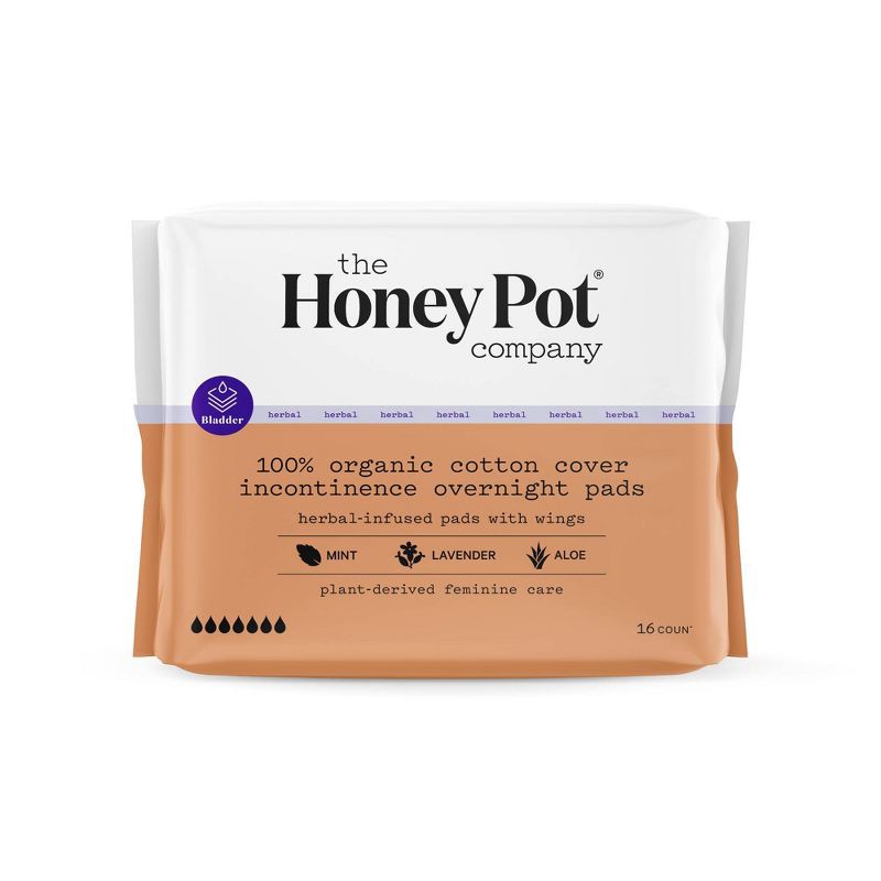 slide 1 of 1, The Honey Pot Company Herbal Overnight Incontinence Pads with Wings, Organic Cotton Cover - 16ct, 16 ct