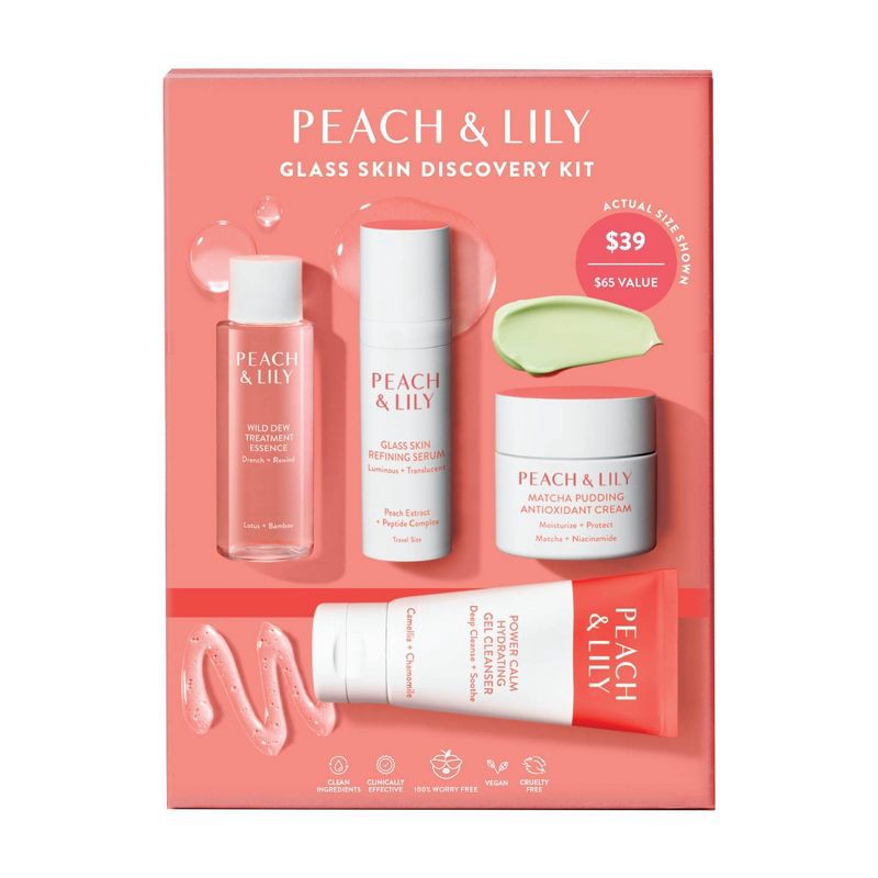 slide 1 of 7, Peach & Lily Glass Skin Discovery Kit: Moisturizing Skincare Set with Hyaluronic Acid, Vegan, 4ct, 4 ct