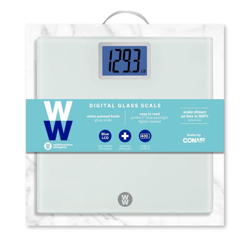 slide 4 of 7, Super Large LCD Display with Backlight White - Weight Watchers: Glass Digital Bathroom Scale, High Capacity, Instant On, 1 ct