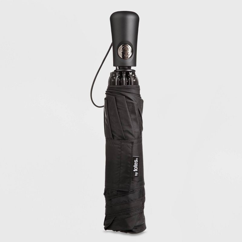 slide 1 of 3, Totes InBrella Reverse Close ECO Compact Umbrella - Black: Auto-Open, Auto-Close, Rubber Handle, 46" Span, 1 ct
