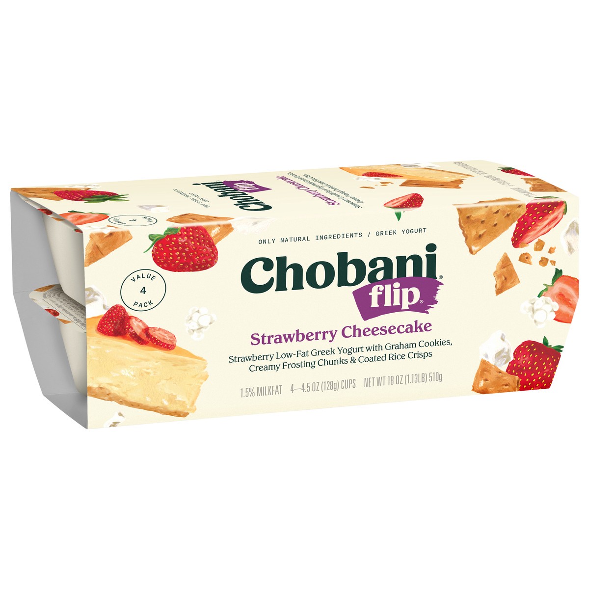 slide 3 of 9, Chobani Straw Cheescake Flip Greek Yogurt 4Pk, 18 oz