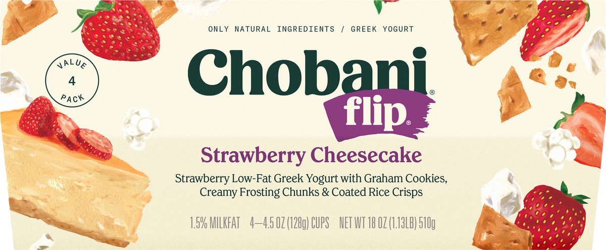 slide 2 of 9, Chobani Straw Cheescake Flip Greek Yogurt 4Pk, 18 oz