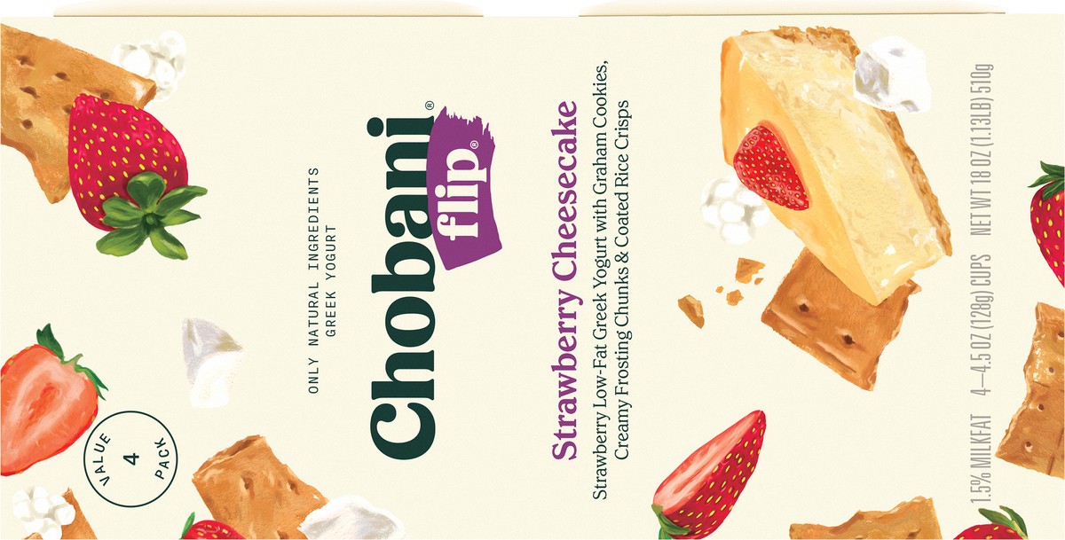 slide 5 of 9, Chobani Straw Cheescake Flip Greek Yogurt 4Pk, 18 oz