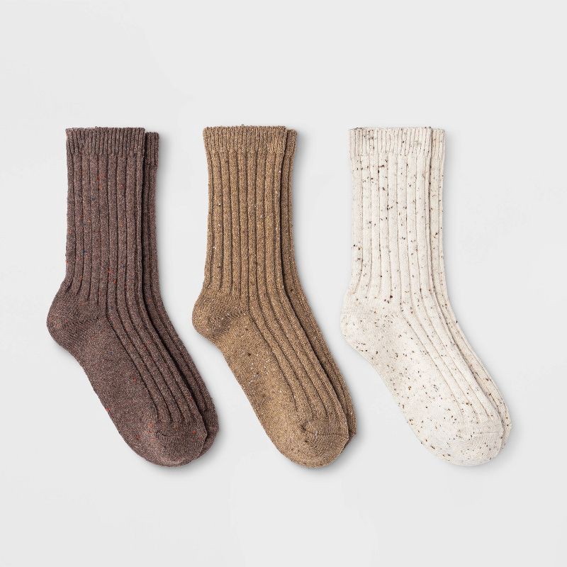 slide 1 of 2, Women's Fine Ribbed Nep 3pk Crew Socks - Universal Thread™ Oatmeal/Tan/Brown 4-10: Cotton Blend, Midweight, Tagless Design, 3 ct