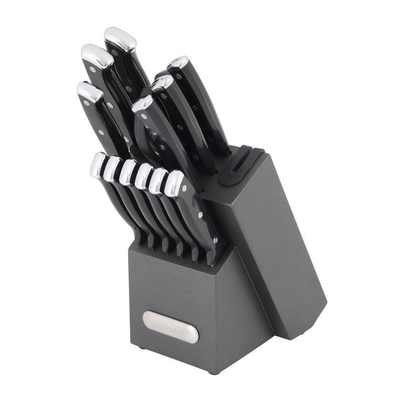 slide 1 of 10, Farberware 14pc Triple Rivet Knife Block Set with Edgekeeper Sharpener Graphite: Stainless Steel Cutlery, Hand Wash, 14 ct