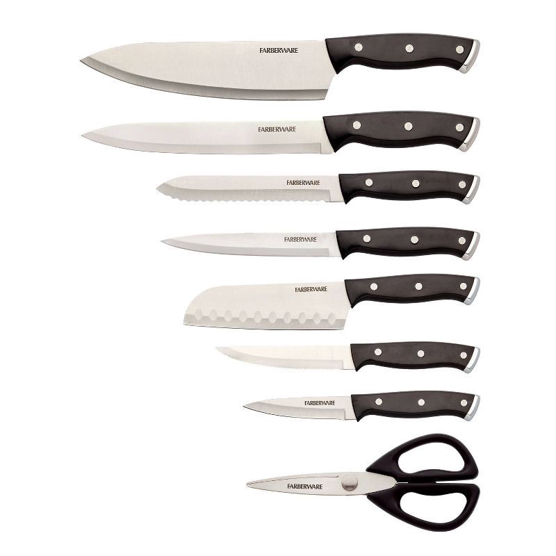 slide 5 of 10, Farberware 14pc Triple Rivet Knife Block Set with Edgekeeper Sharpener Graphite: Stainless Steel Cutlery, Hand Wash, 14 ct