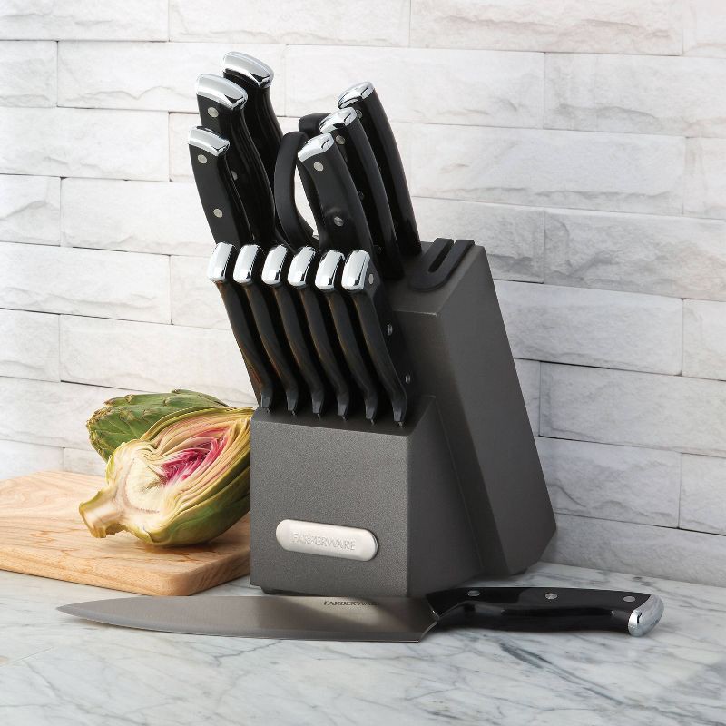 slide 6 of 10, Farberware 14pc Triple Rivet Knife Block Set with Edgekeeper Sharpener Graphite: Stainless Steel Cutlery, Hand Wash, 14 ct
