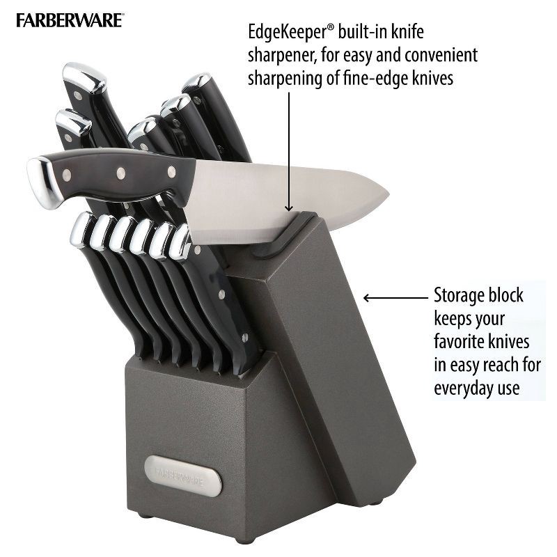 slide 7 of 10, Farberware 14pc Triple Rivet Knife Block Set with Edgekeeper Sharpener Graphite: Stainless Steel Cutlery, Hand Wash, 14 ct