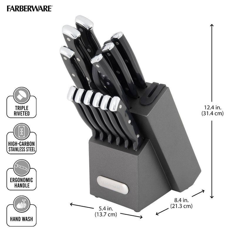 slide 10 of 10, Farberware 14pc Triple Rivet Knife Block Set with Edgekeeper Sharpener Graphite: Stainless Steel Cutlery, Hand Wash, 14 ct