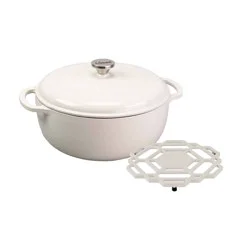 Lodge 6qt Cast Iron Enamel Dutch Oven Oyster with Matching Trivet: Porcelain-Coated, Hand Wash, Round, 6-Quart Capacity