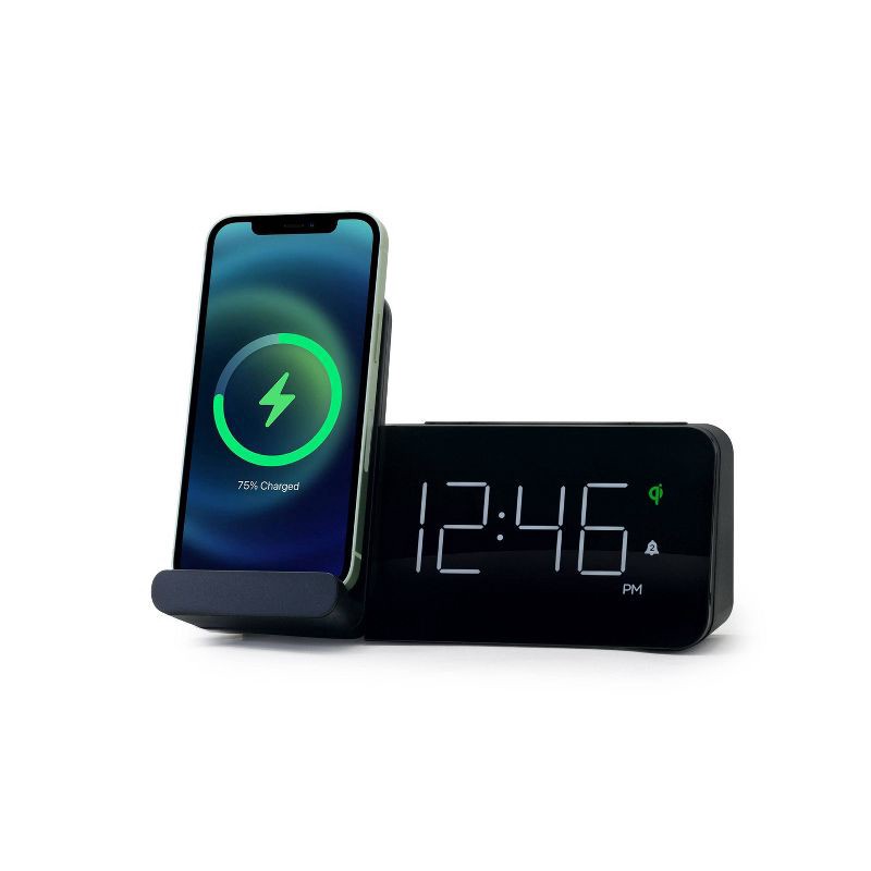 slide 2 of 4, Power Stand Alarm Table Clock Black - Capello: Wireless Charger, USB Port, Modern Design, for Bedroom, 1 ct
