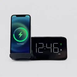 Power Stand Alarm Table Clock Black - Capello: Wireless Charger, USB Port, Modern Design, for Bedroom