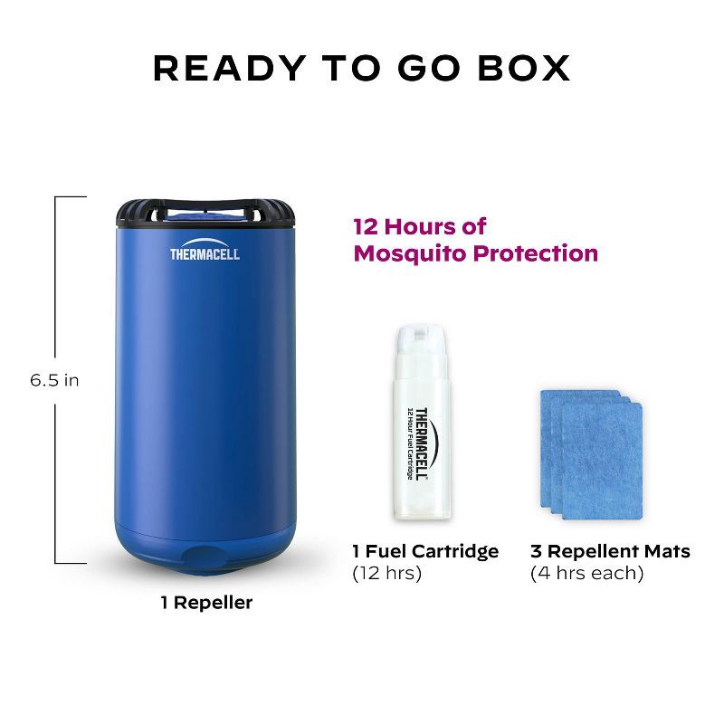 slide 6 of 10, Thermacell Patio Shield Mosquito Repeller – Royal Blue: Liquid Refill, 15 ft Coverage, Kid & Pet Safe, 15 ft