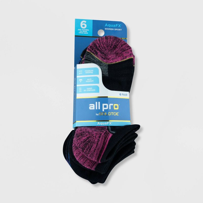 slide 2 of 3, All Pro Women's Aqua FX 6pk No Show Socks - Black 4-10: Arch Support, Moisture Wicking, Quick Drying, 6 ct