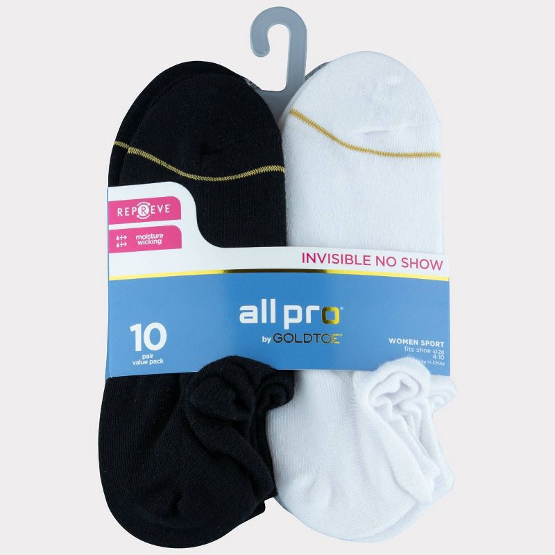 slide 3 of 3, All Pro by Gold Toe Women's Ultra Invisible 10pk No Show Socks - Black/White/Gray 4-10: Moisture Wicking, Arch Support, 10 ct