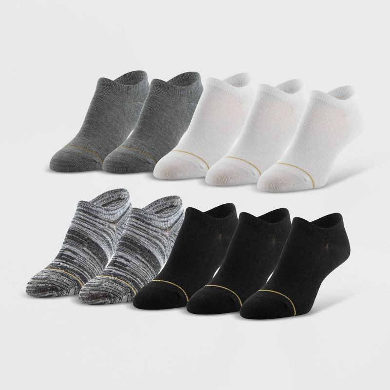 slide 1 of 3, All Pro by Gold Toe Women's Ultra Invisible 10pk No Show Socks - Black/White/Gray 4-10: Moisture Wicking, Arch Support, 10 ct