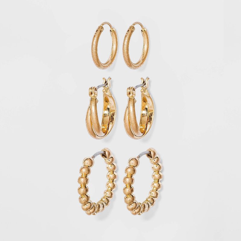 slide 1 of 2, Bead and Twister Hoop Earring Set 3pc - Universal Thread™ Gold, 3 ct