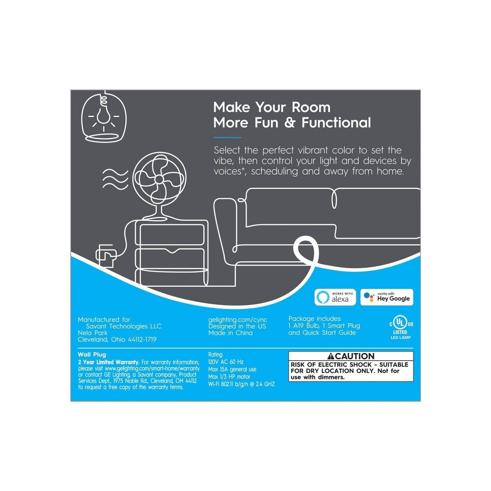 slide 2 of 4, GE Household Lighting General Electric CYNC Smart Color Changing Smart Light Bulb + Smart Indoor Plug Bundle, 1 ct