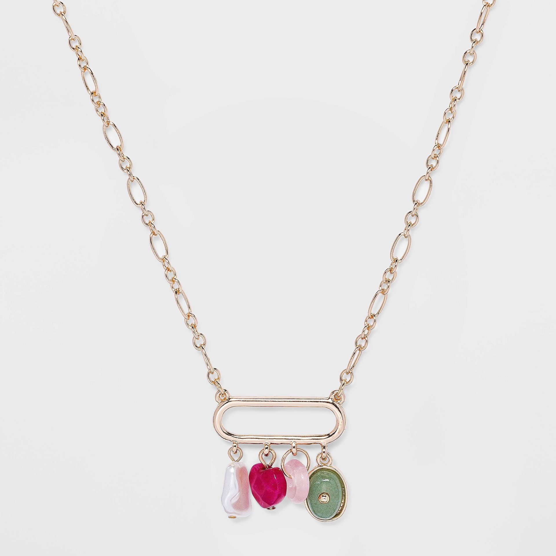 slide 1 of 3, Multi Oval Semi-Precious Beaded and Faux Pearl Chain Necklace - A New Day, 1 ct
