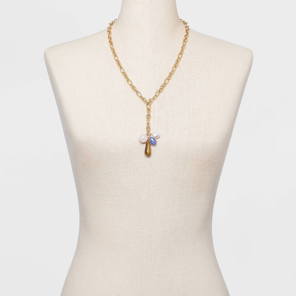 slide 2 of 3, Multi Lariat with Semi-Precious Beads and Faux Pearl Drop Cable Chain Necklace - A New Day, 1 ct