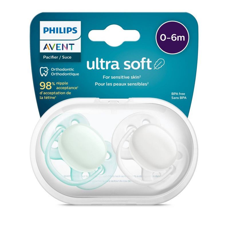 slide 6 of 6, Philips Avent 2pk Ultra Soft Pacifier 0-6 Months - Arctic White/Green, 2 ct