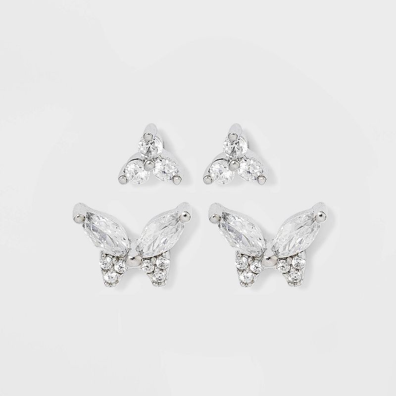 slide 1 of 2, Sterling Silver Cubic Zirconia Butterfly Stud Earring Set 2pc - A New Day™: Polished Nickel-Free, Simulated Stones, 2 ct