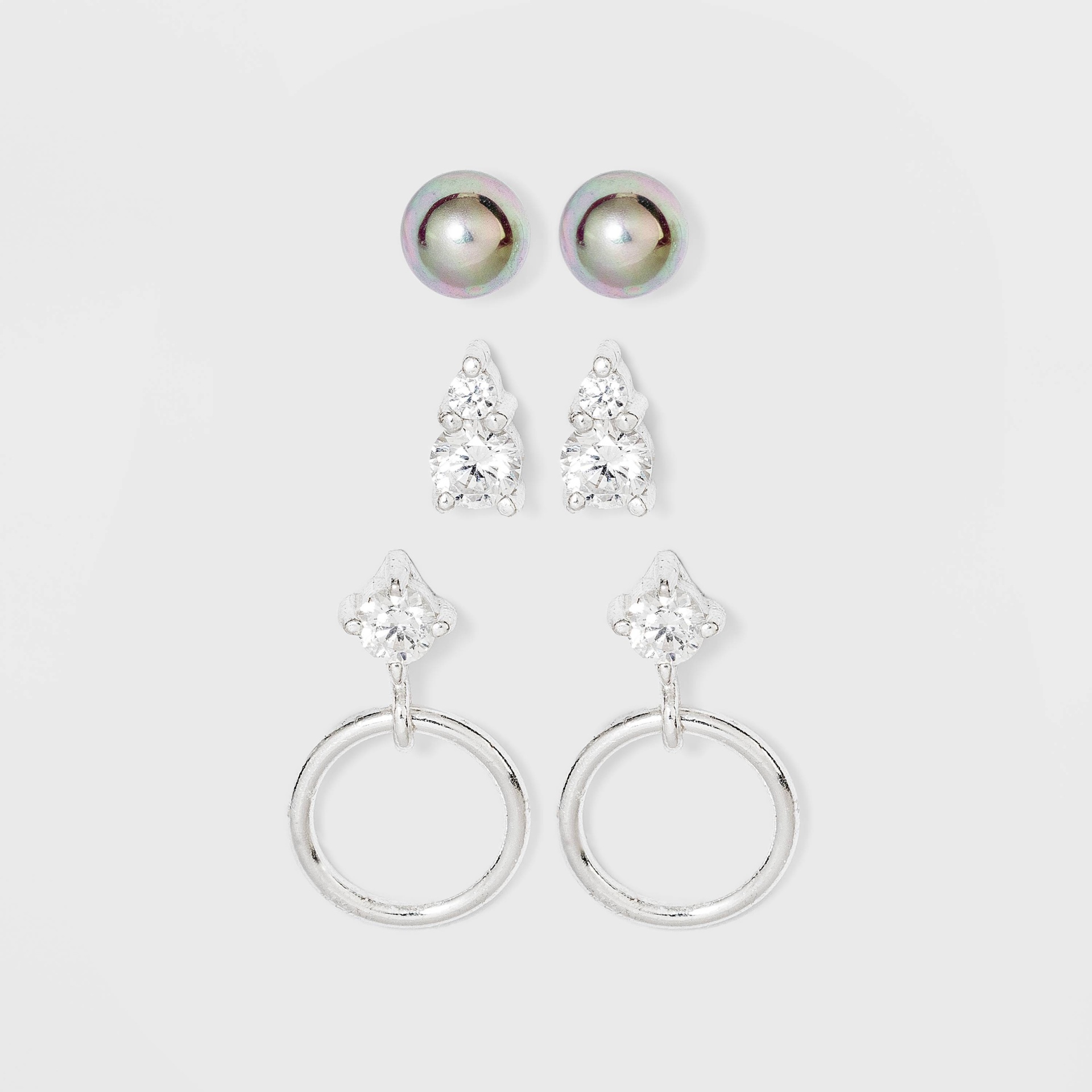 slide 1 of 2, Sterling Silver with Cubic Zirconia Glass Pearl Stud Earring Set 3pc - A New Day Silver, 3 ct