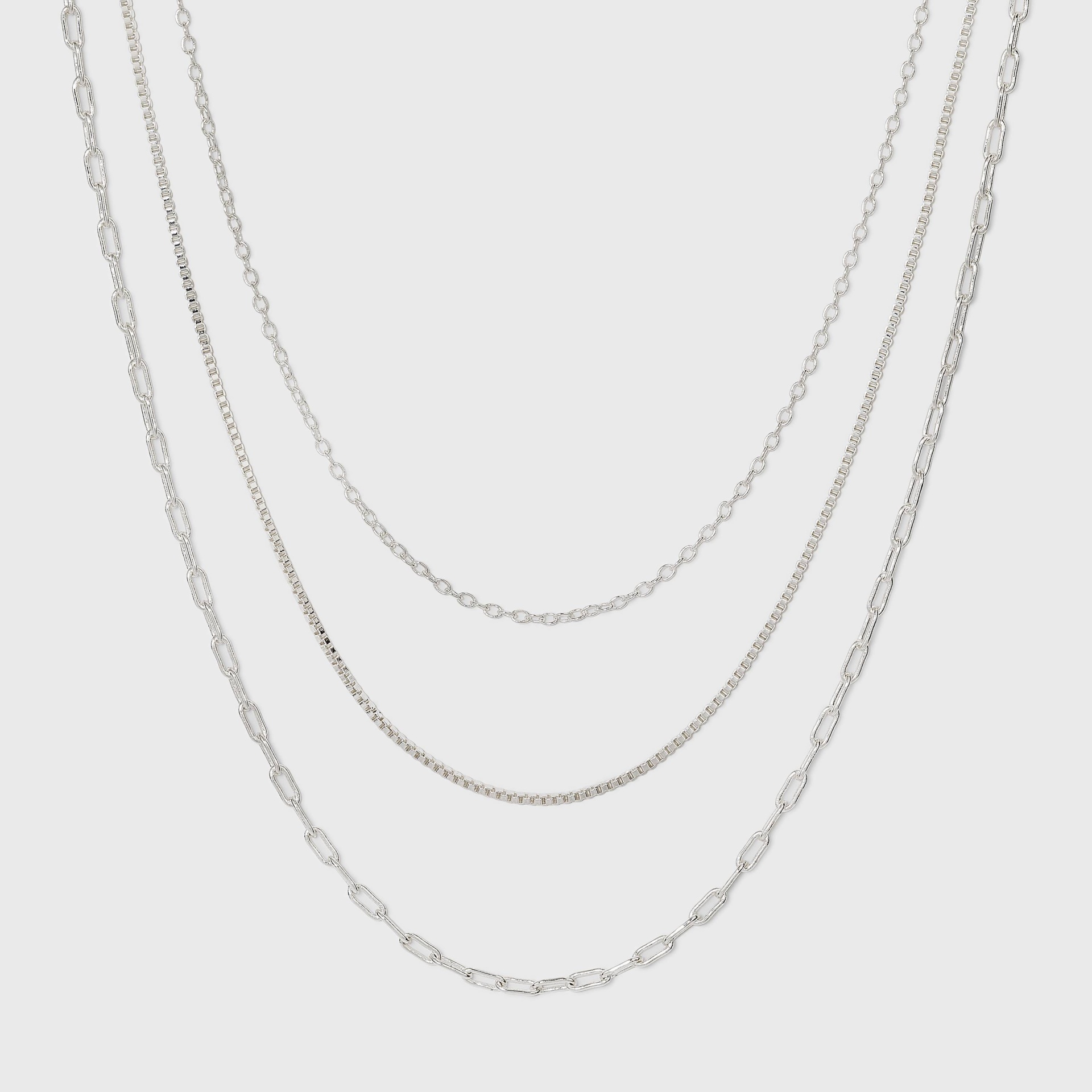 slide 1 of 3, Plated Cable Box and Paperclip Chain Necklace Set 3pc - A New Day Silver, 3 ct