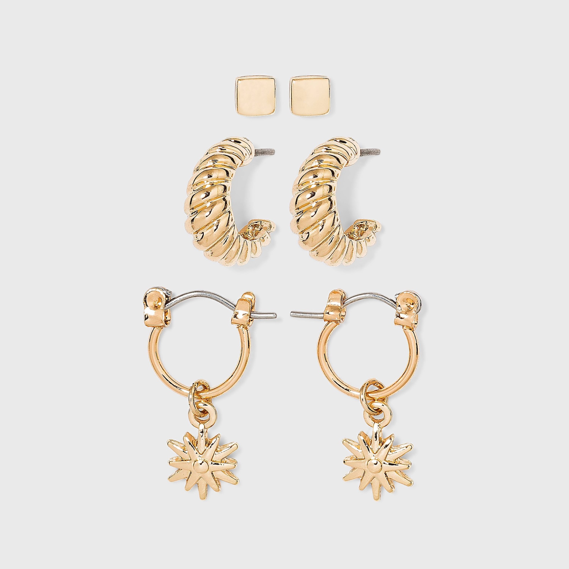 slide 1 of 2, Huggie and Twisted Hoop with Stud Trio Earrings - A New Day Gold, 1 ct