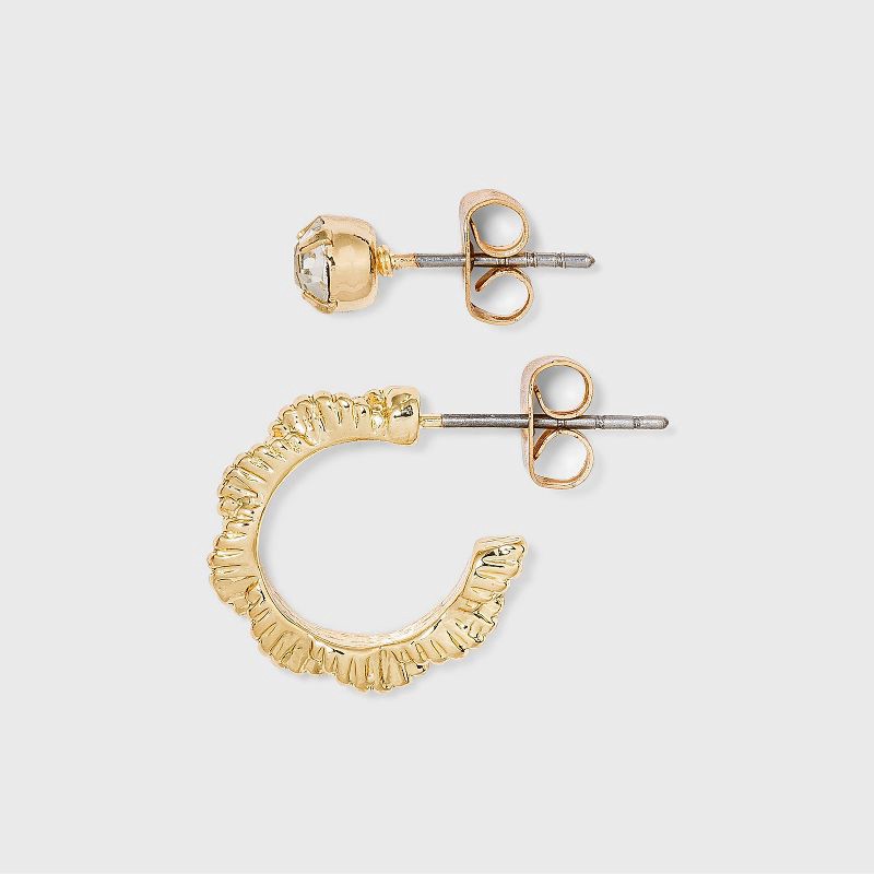 slide 2 of 2, Multi Gold Hoops and Cubic Zirconia Stud Earring Set 8pc - A New Day™: Nickel-Free Metal, Pearl Stone, 8 ct