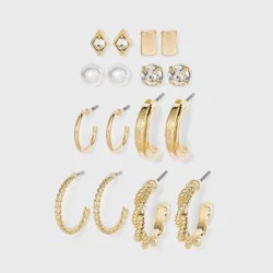Multi Gold Hoops and Cubic Zirconia Stud Earring Set 8pc - A New Day™: Nickel-Free Metal, Pearl Stone