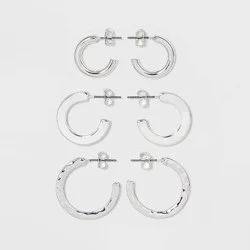 Hammered Metal Hoop Trio Earring Set 3pc - A New Day™ Silver: Nickel-Free Post, Women's Accessories, 0.98" Diameter
