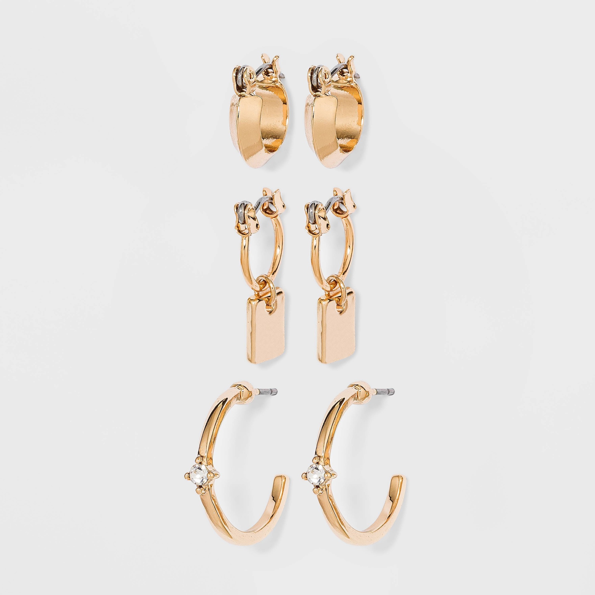 slide 1 of 2, Huggie Charm and Stud Hoop Trio Earrings- A New Day Gold, 1 ct