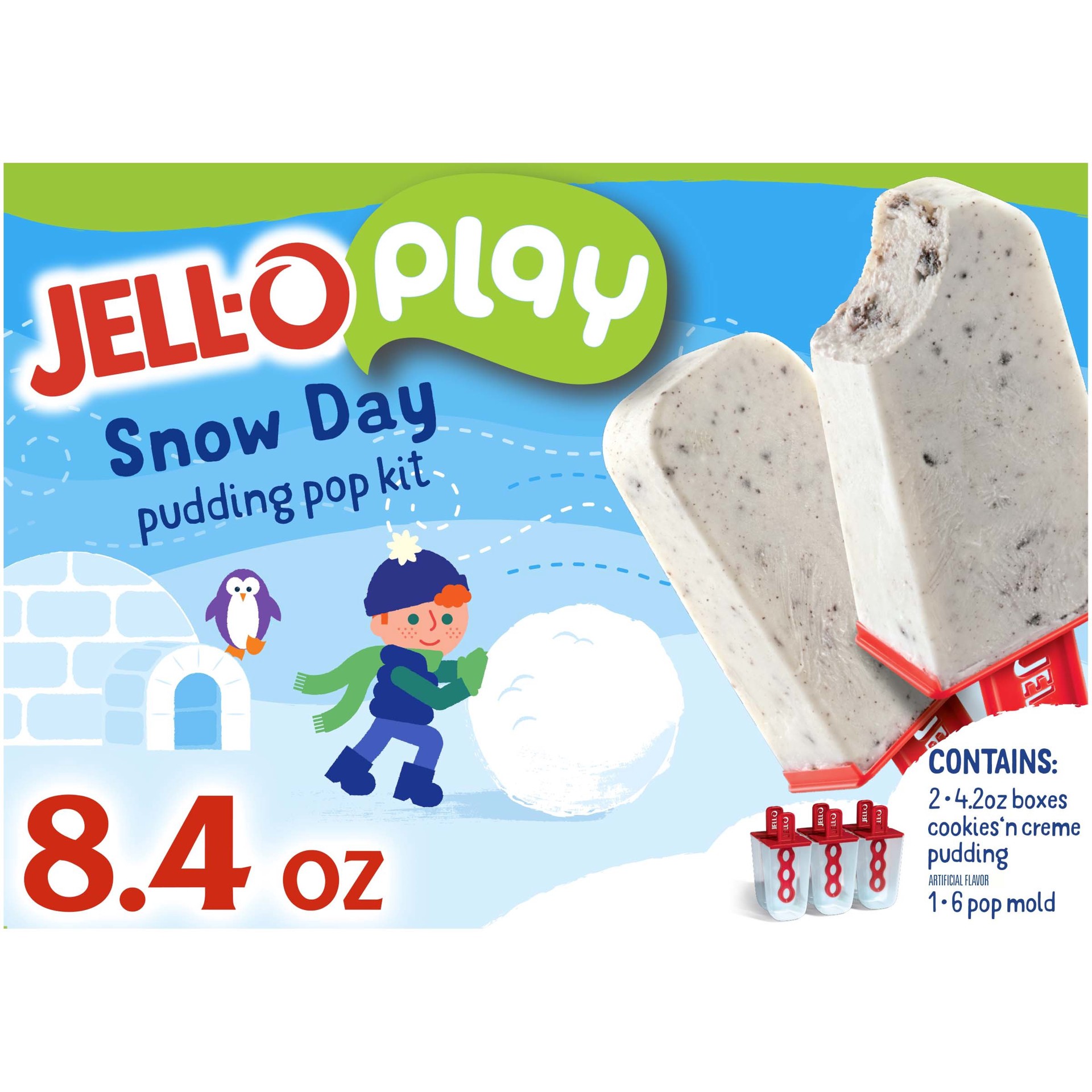 slide 1 of 11, Jell-O Play Snow Day Pudding Pop Mold Kit with Cookies n' Creme Instant Pudding Mix, 8.4 oz Box, 8.4 oz