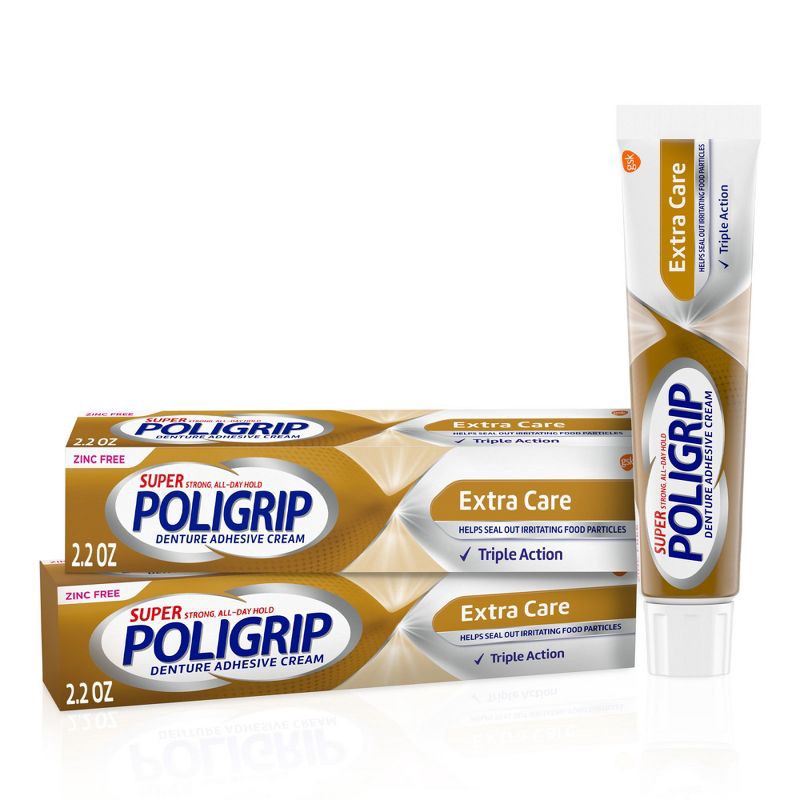 slide 1 of 9, Poligrip Extra Care Denture Adhesive- 2pk, 2 ct