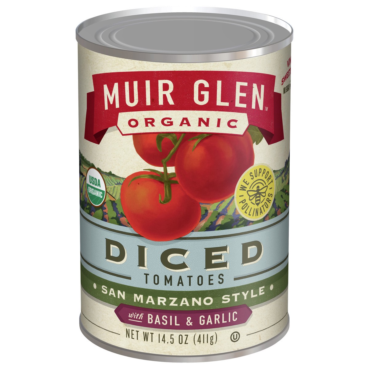 slide 1 of 1, Muir Glen Diced San Marzano Style Canned Tomatoes with Basil and Garlic, 14.5 oz., 14.5 oz