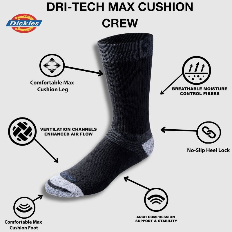 slide 4 of 5, Dickies Men's 6pk Max Cushion Crew Socks - Black 6-12: Midweight, Tagless, Solid Pattern, 6 ct