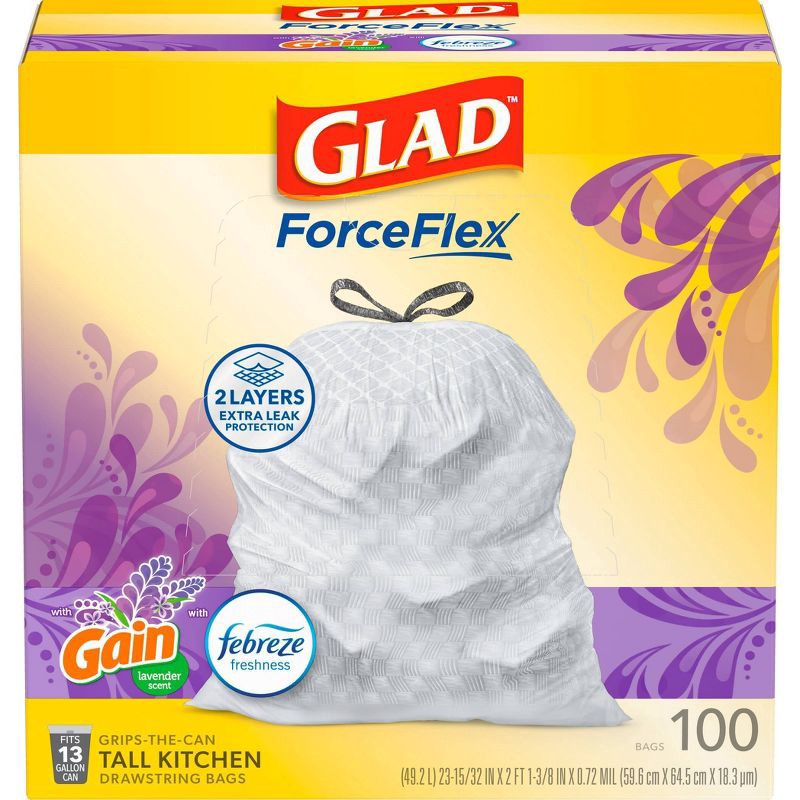 slide 2 of 11, Glad ForceFlex Tall Kitchen Drawstring Trash Bags - Febreze Mediterranean Lavender - 13gal/100ct: Plastic, Extra Strength, 13 gal, 100 ct