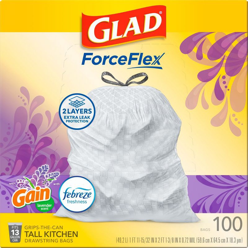slide 11 of 11, Glad ForceFlex Tall Kitchen Drawstring Trash Bags - Febreze Mediterranean Lavender - 13gal/100ct: Plastic, Extra Strength, 13 gal, 100 ct