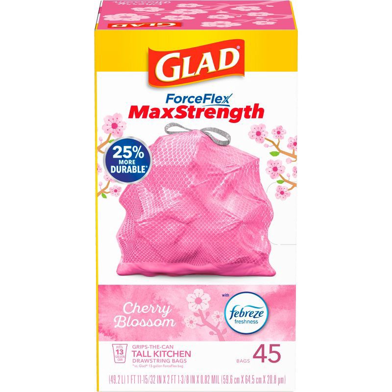 slide 2 of 11, Glad ForceFlex MaxStrength Tall Kitchen Drawstring Pink Trash Bags - Cherry Blossom - 13gal/45ct, 45 ct; 13 gal