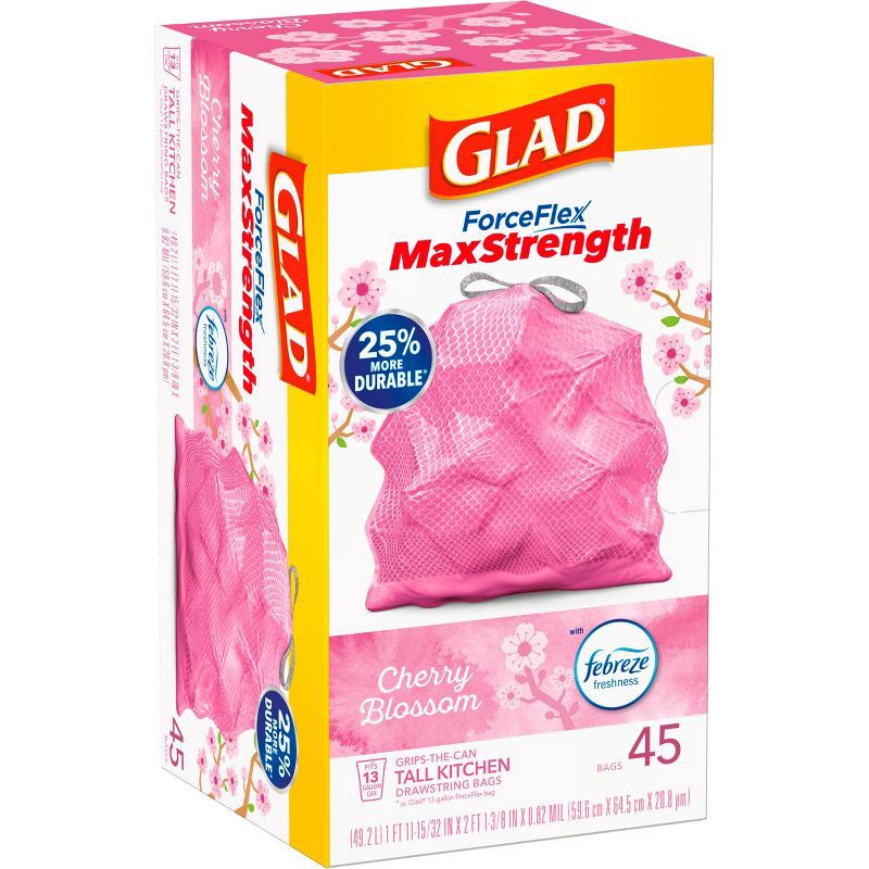 Glad ForceFlex MaxStrength 13 gal. Cherry Blossom Scent Pink Kitchen Drawstring Trash Bags (Pack of 10), Size: 1 ea