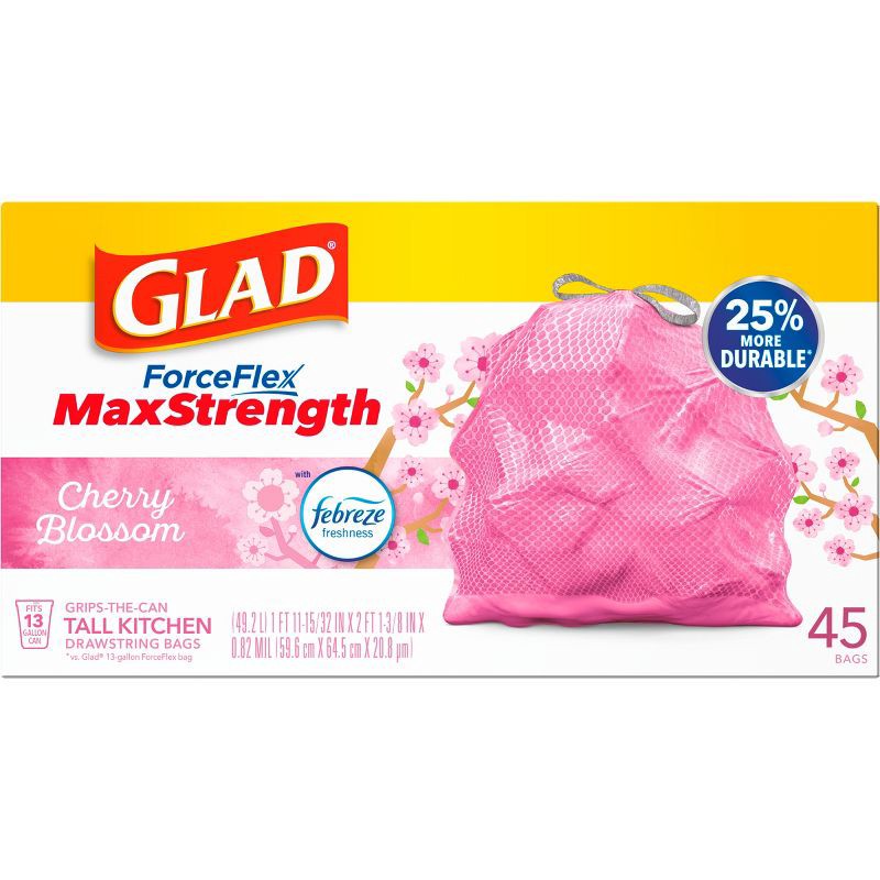 Glad ForceFlex MaxStrength 13 Gal. Cherry Blossom Scent Pink Kitchen  Drawstring Trash Bags (Pack of 10) 