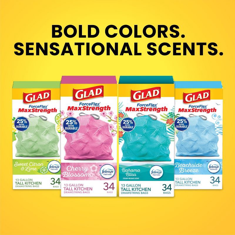 slide 10 of 11, Glad ForceFlex MaxStrength Tall Kitchen Drawstring Pink Trash Bags - Cherry Blossom - 13gal/45ct, 45 ct; 13 gal