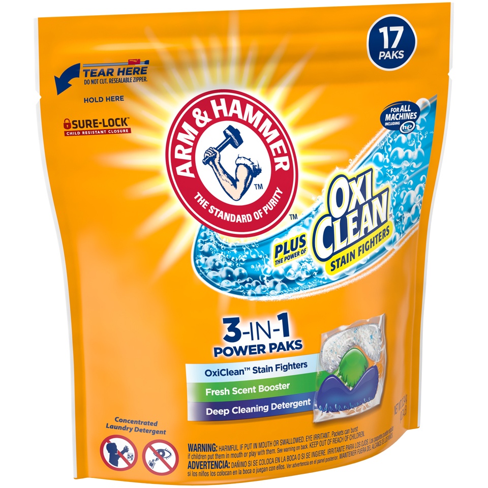 slide 2 of 4, ARM & HAMMER Plus Oxiclean Stain Fighters 3-in-1 Power Paks Laundry Detergent, 0.74 lb