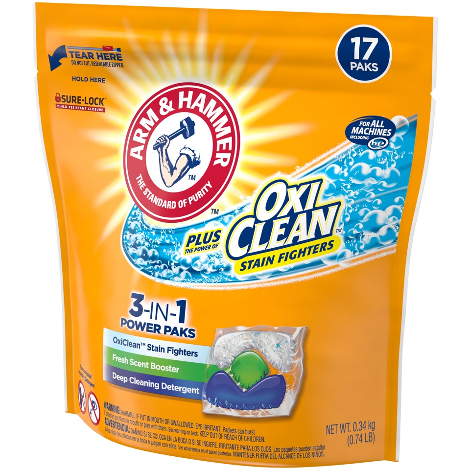 slide 3 of 4, ARM & HAMMER Plus Oxiclean Stain Fighters 3-in-1 Power Paks Laundry Detergent, 0.74 lb